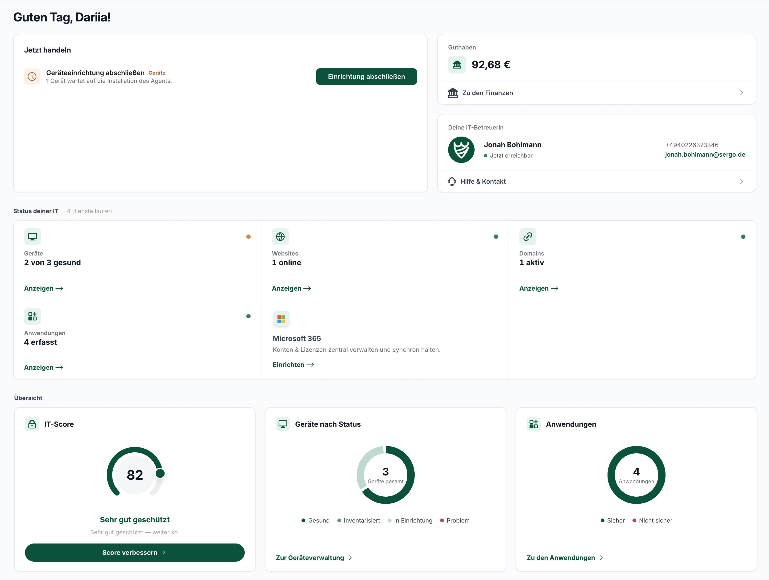 SERGO Portal – Dashboard mit Jetzt-handeln-Aufgaben, Status deiner IT, IT-Score und Übersichts-Diagrammen